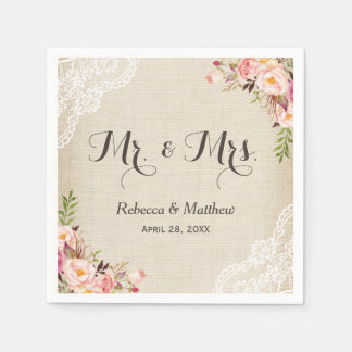 Rustic Burlap Lace Floral Mr and Mrs Wedding Paper Napkin