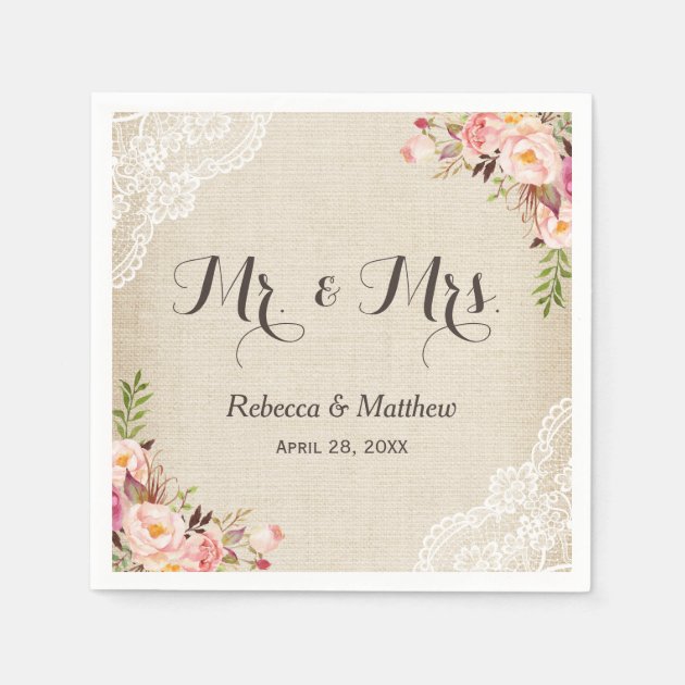 Rustic Burlap Lace Floral Mr And Mrs Wedding Paper Napkin
