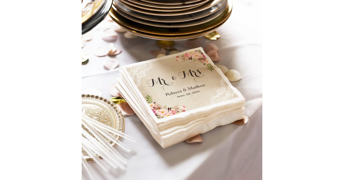 Rustic Burlap Lace Floral Mr and Mrs Wedding Paper Napkins | Zazzle