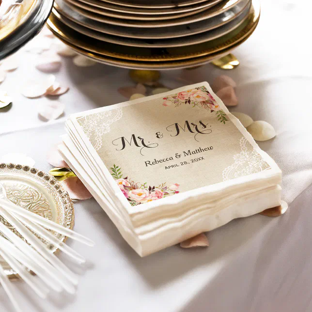 Rustic Burlap Lace Floral Mr and Mrs Wedding Paper Napkins | Zazzle