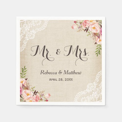 Rustic Burlap Lace Floral Mr and Mrs Wedding Paper Napkins