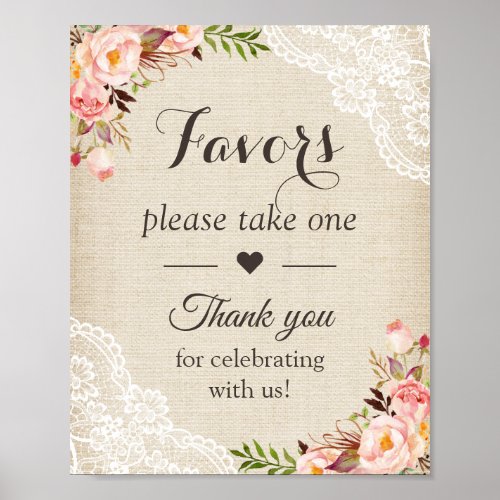 Rustic Burlap Lace Floral Wedding Favors Sign