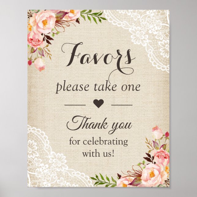 Rustic Burlap Lace Floral Wedding Favors Sign (Front)
