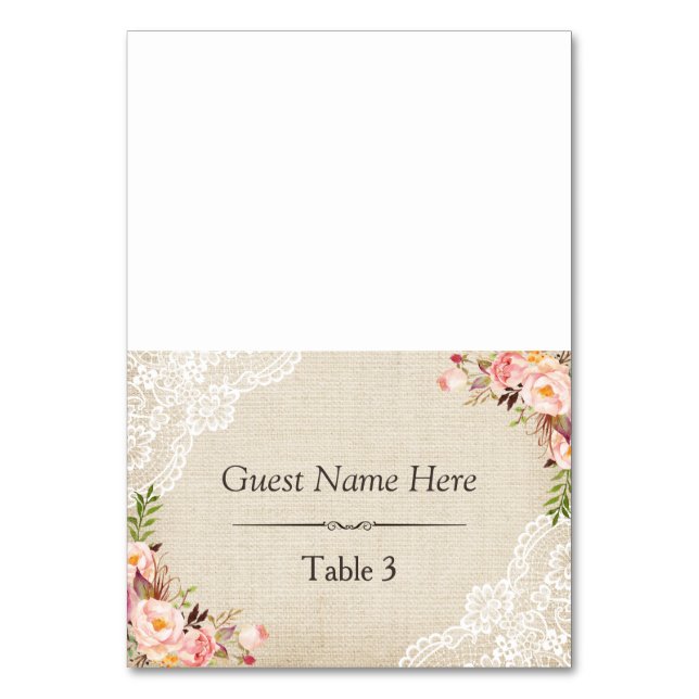 Rustic Burlap Lace Floral Wedding Place Table Number (Front)