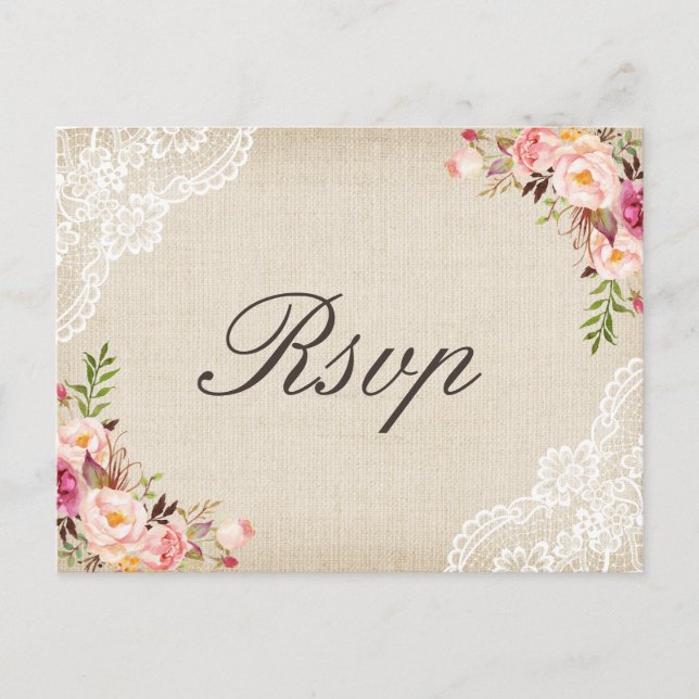 Rustic Burlap Lace Floral Wedding RSVP Invitation Postcard (Front)