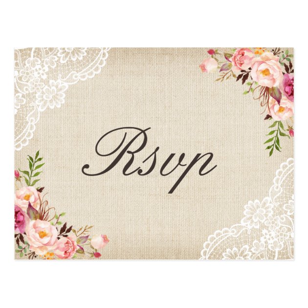 Rustic Burlap Lace Floral Wedding RSVP Postcard