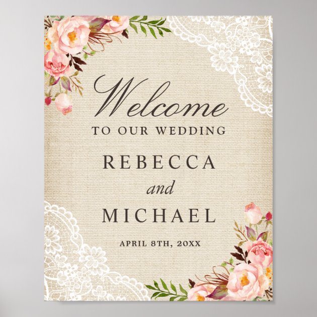 Rustic Burlap Lace Floral Wedding Welcome Sign