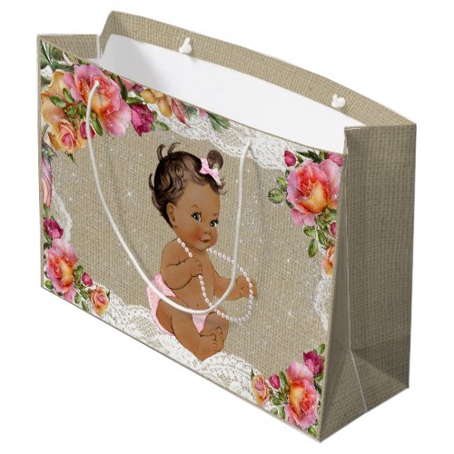 Rustic Burlap Lace Girl Baby Shower Large Gift Bag