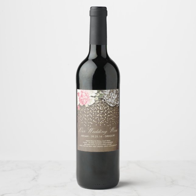Rustic Burlap Lace Gold Confetti and Flowers Wine Label (Front)