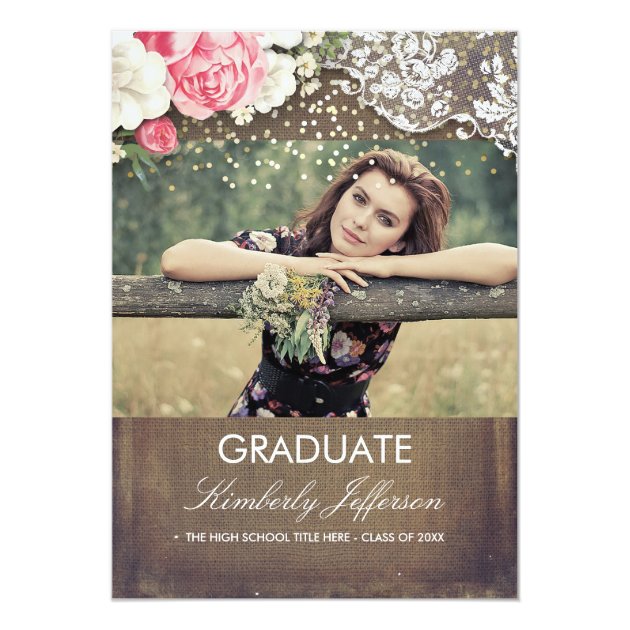 Rustic Burlap Lace Gold Confetti Photo Graduation Card