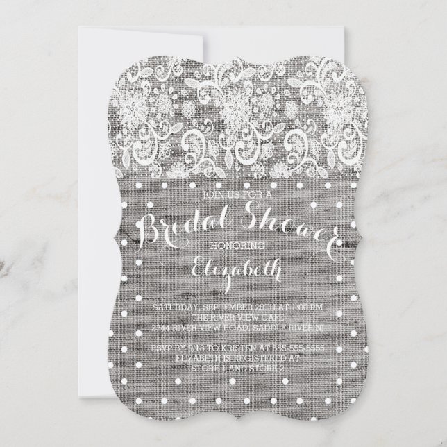 Rustic Burlap Lace Gray Bridal Shower Invitation (Front)