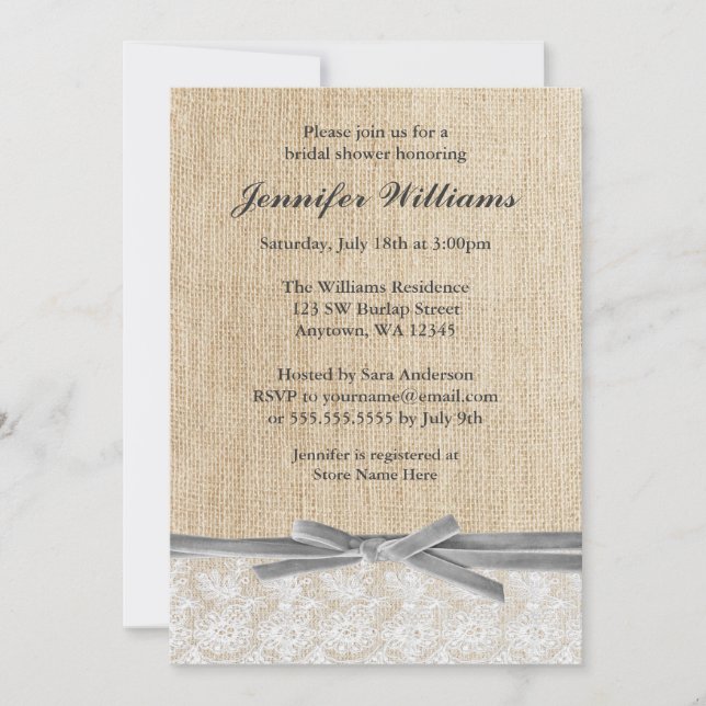 Rustic Burlap Lace Gray Ribbon Bridal Shower Invitation (Front)