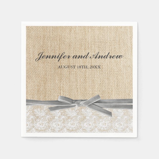 Rustic Burlap Lace Gray Ribbon Wedding Paper Napkins (Front)