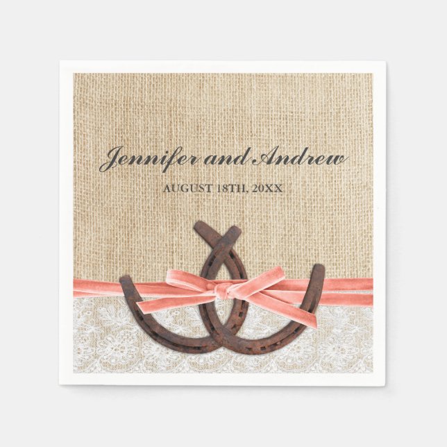 Rustic Burlap Lace Horseshoe Coral Ribbon Wedding Paper Napkins (Front)