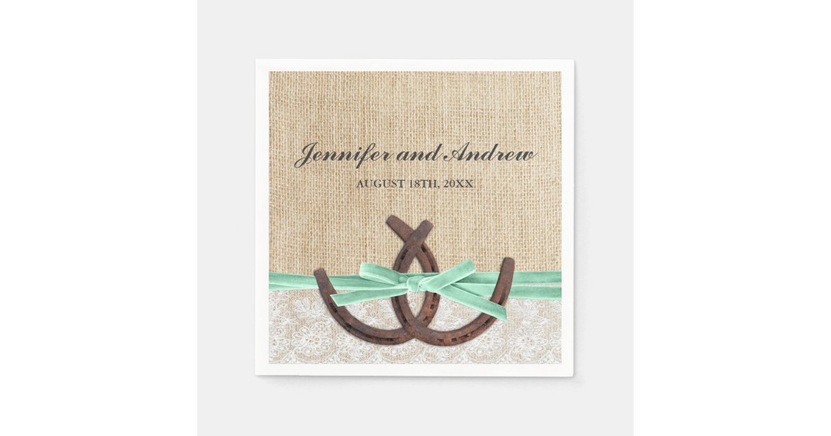 Rustic Burlap Lace Horseshoe Mint Ribbon Wedding Paper Napkins | Zazzle