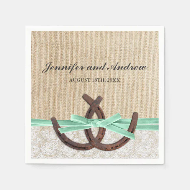 Rustic Burlap Lace Horseshoe Mint Ribbon Wedding Paper Napkins | Zazzle
