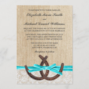 Rustic Burlap Lace Horseshoe Teal Ribbon Wedding Invitation