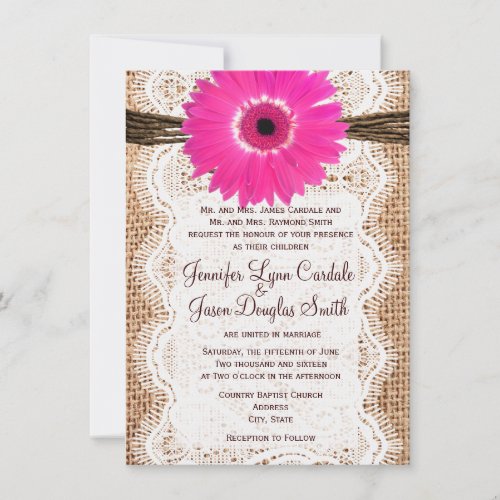 Rustic Burlap Lace Hot Pink Daisy Wedding Invites