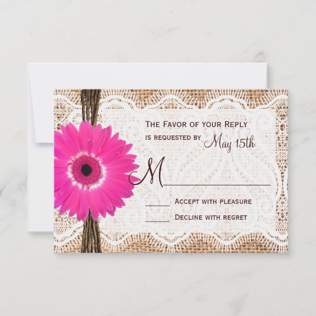 Rustic Burlap Lace Hot Pink Daisy Wedding RSVP (Front)