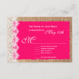 Rustic Burlap Lace Hot Pink Wedding RSVP Cards