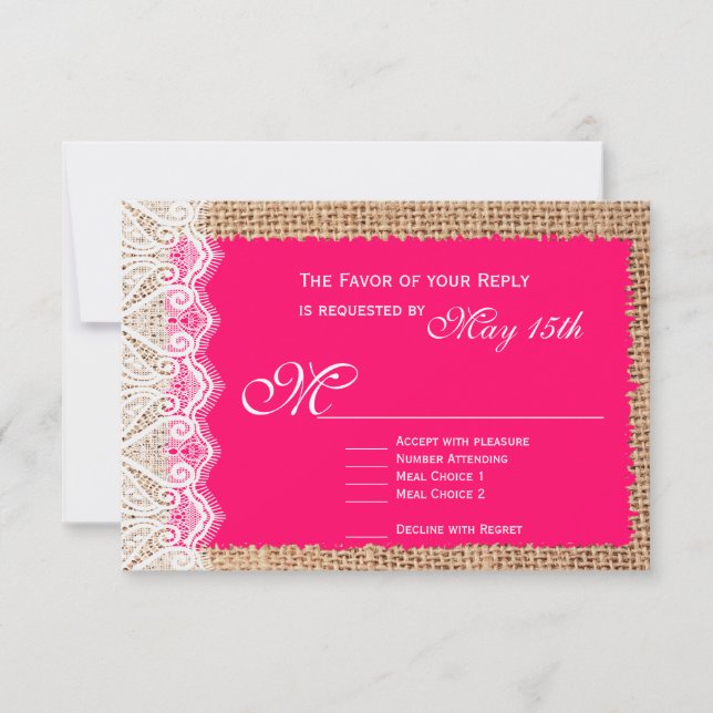 Rustic Burlap Lace Hot Pink Wedding RSVP Cards (Front)