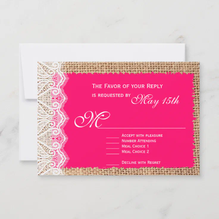 Rustic Burlap Lace Hot Pink Wedding Rsvp Cards Zazzle