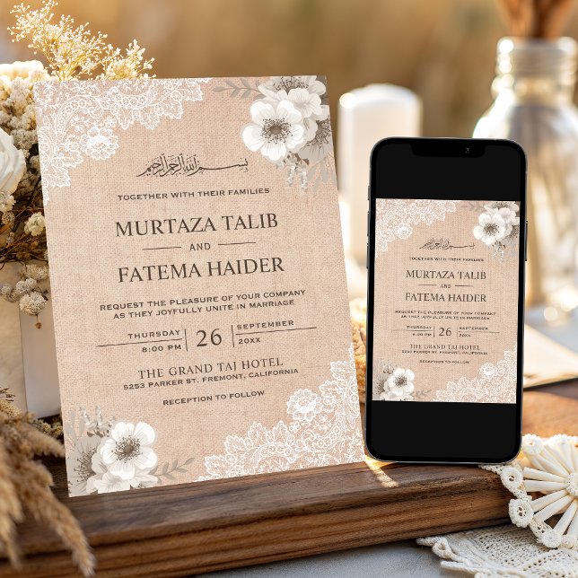 Rustic Burlap Lace Ivory Floral Islamic Wedding Invitation (Creator Uploaded)