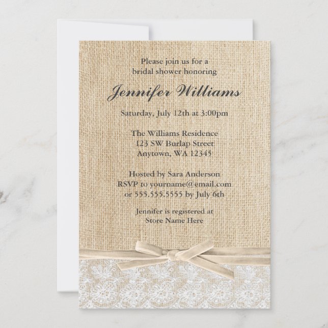 Rustic Burlap Lace Ivory Ribbon Bridal Shower Invitation (Front)