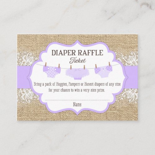 Rustic Burlap Lace Lavender Diaper Raffle Ticket Enclosure Card