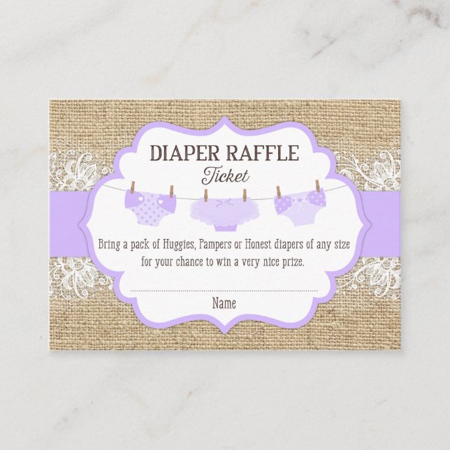 Rustic Burlap Lace Lavender Diaper Raffle Ticket Enclosure Card (Front)