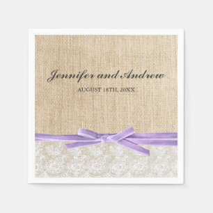 Rustic Burlap Lace Lavender Ribbon Wedding Paper Napkins