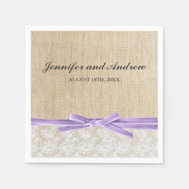 Rustic Burlap Lace Lavender Ribbon Wedding Paper Napkins (Front)