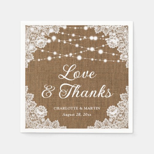 Rustic Burlap Lace Love and Thanks Wedding Napkins