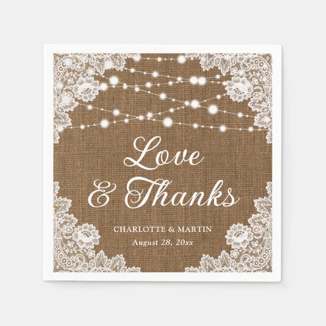 Rustic Burlap Lace Love and Thanks Wedding Napkins (Front)