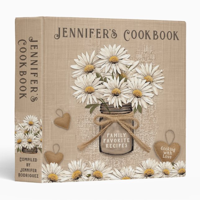 Rustic  Burlap, Lace, Mason Jar Daisies 3 Ring Binder (Front/Spine)