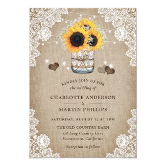 Rustic Burlap Lace Mason Jar Sunflower Wedding Invitation