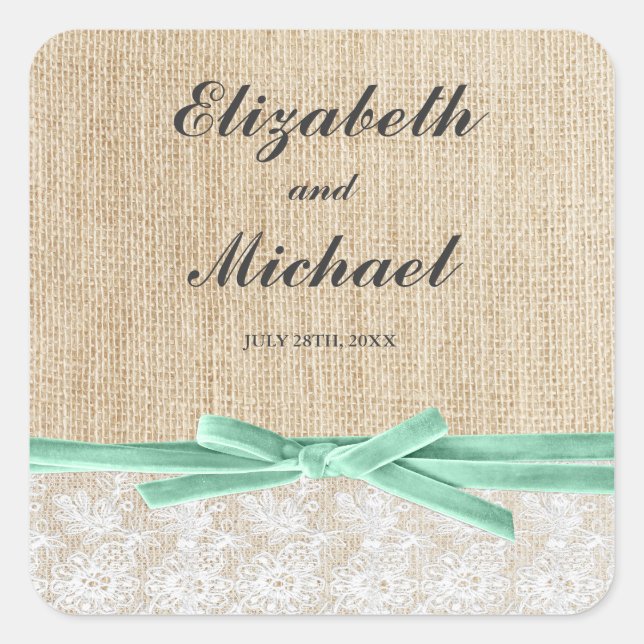Rustic Burlap Lace Mint Ribbon Favor Label (Front)