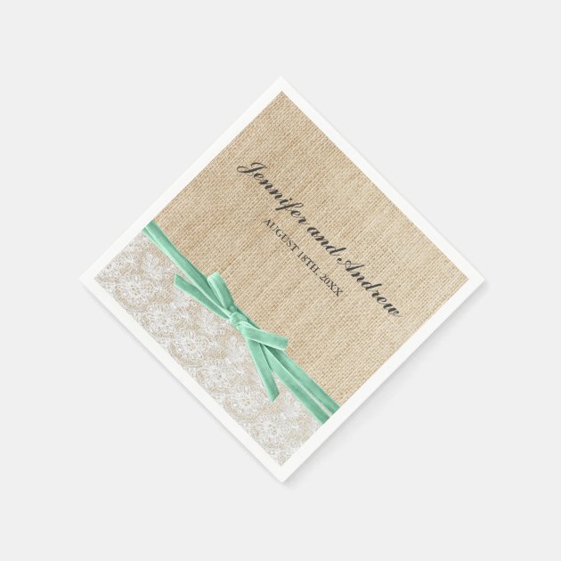 Rustic Burlap Lace Mint Ribbon Wedding Napkin