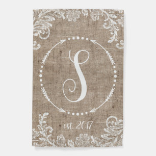 Rustic Burlap & Lace Monogram Garden Flag