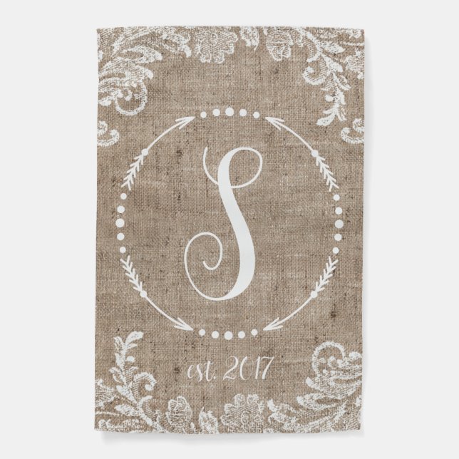Rustic Burlap & Lace Monogram  Garden Flag (Front)