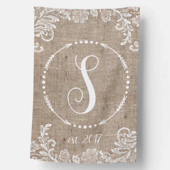 Rustic Burlap & Lace Monogram  House Flag (Front)
