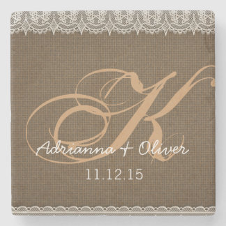 Rustic Burlap Lace Monogram Wedding Stone Coaster