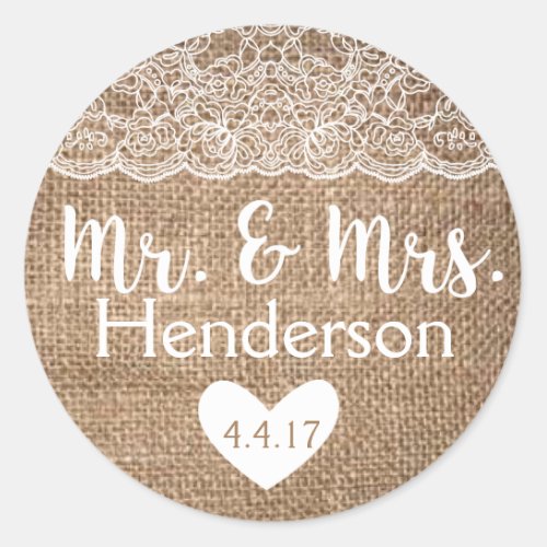 Rustic Burlap  Lace Mr  Mrs Stickers_ Favors Classic Round Sticker