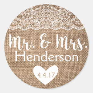 Rustic, Burlap & Lace, Mr. & Mrs. Stickers- Favors Classic Round Sticker