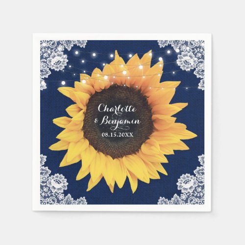 Rustic Burlap Lace Navy Blue and Sunflower Wedding Napkins