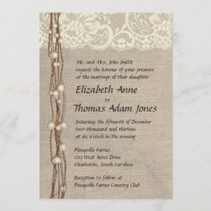 Rustic Burlap Lace Pearls Wedding Invitation