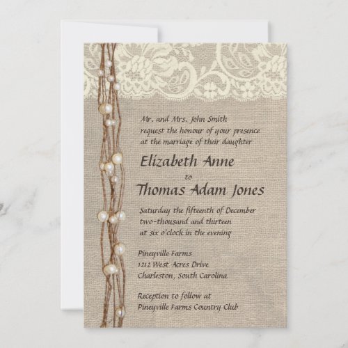 Rustic Burlap Lace Pearls Wedding Invitation