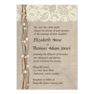 Burlap Pearl Wedding Invitations Zazzle Rustic Burlap Lace Pearls Wedding Invitation