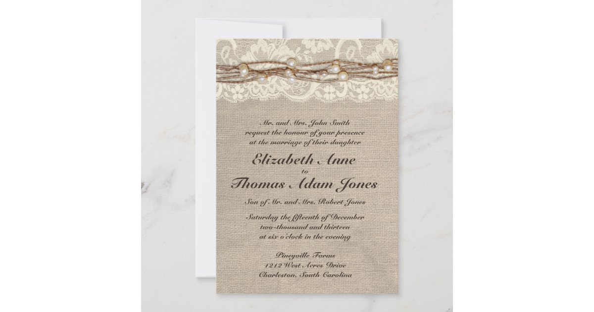 Rustic Burlap Lace Pearls Wedding Invitation | Zazzle