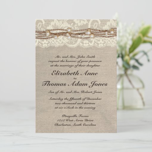 Rustic Burlap Lace Pearls Wedding Invitation Zazzle